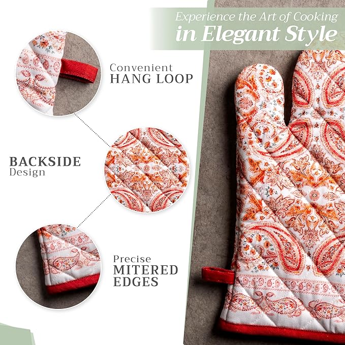 Maison d' Hermine Oven Gloves 100% Cotton Oven Mitt 7" x 13" with Loop Heat Resistant BBQ Cooking Gloves for Thanksgiving Christmas Decorations Baking Handling Hot Pans (Pack of 1, Orient)