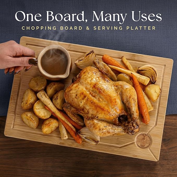 Deer & Oak Large Bamboo Chopping Board 15" x 9.8" x 0.8", Premium Wooden Kitchen Cutting Board for Meat & Vegetables, Pre-Oiled, Water Resistant, Knife-Friendly