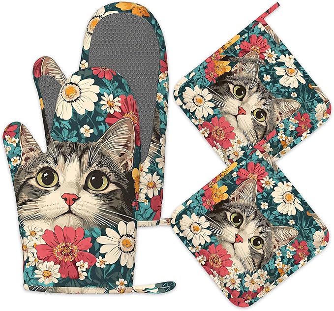Cute Cat Oven Mitts and Pot Holders Set of 4,Blooming Colorful Flowers Kitchen Oven Glove Heat Resistant Oven Mitts with Non-Slip Silicone for Baking, Cooking, BBQ
