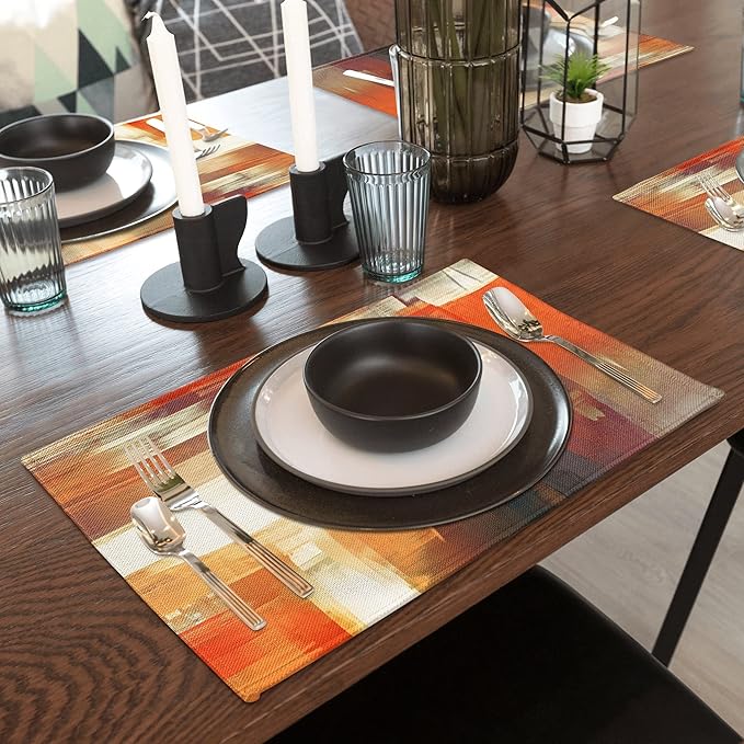 Orange Placemats for Dining Table Set of 6 Modern Art Abstract Painting Place Mats Washable Linen Placemat for Kitchen Home Dinner Party Decor 18x12 Inches