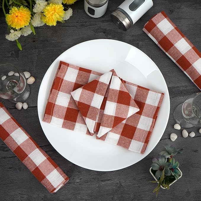 FINGERCRAFT Cloth Napkins, Everyday Use, Premium Quality, Cotton Buffalo Plaid, Set of 12, 20X20 Inch Oversized Napkins Cloth Mitered Corners, Soft, Durable Hotel Quality Brown White Checkered