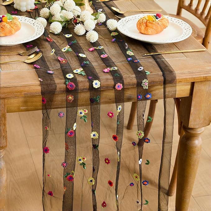 YATOJUZI Black Table Runner Embroidery Daisy Summer Floral Decorations Seasonal Tulle Dining Table Runners for Home Kitchen Decor Wedding Shower Party