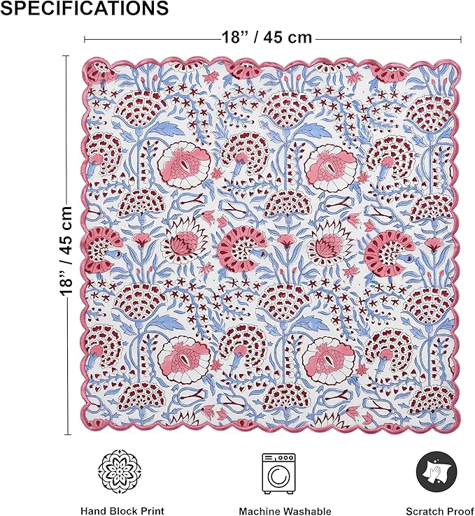 Ridhi Hand Block Print Pigeon Blue 18" x 18" (Set of 4) Embroidery Table Napkins Reusable Cotton Dinner Napkins for Weddings, Parties, Everyday Dining Gift for Spring, Easter, Valentine