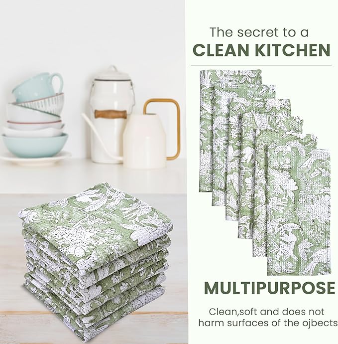 CPC Olive Green Hand Block Printed Cotton Waffle Dish Cloth Set of 6-12x12 Inch Super Absorbent, Soft, Reusable Kitchen Towels for Dish Drying & Cleaning Ideal for Spring, Mother's Day