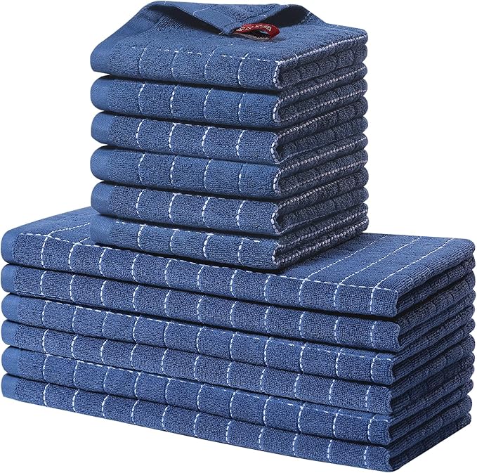 Homaxy Kitchen Towels and Dishcloths Set, 12 x 12 and 13 x 28 Inches, Set of 12 Bulk Cotton Terry Kitchen Towels Set, Checkered Designed, Soft and Super Absorbent Dish Towels, Navy Blue