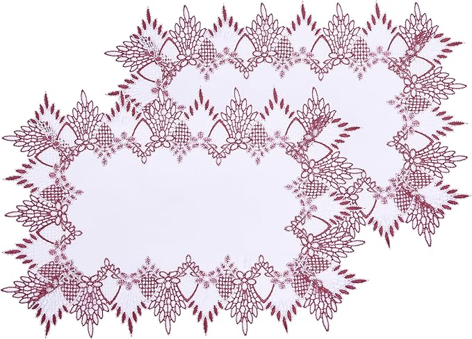 White Dark Red Linen Lace Placemats 14”x20” Set of 2 Coffee Table Topper Dresser Scarf Place Mats (Set of 2, Dark Red)