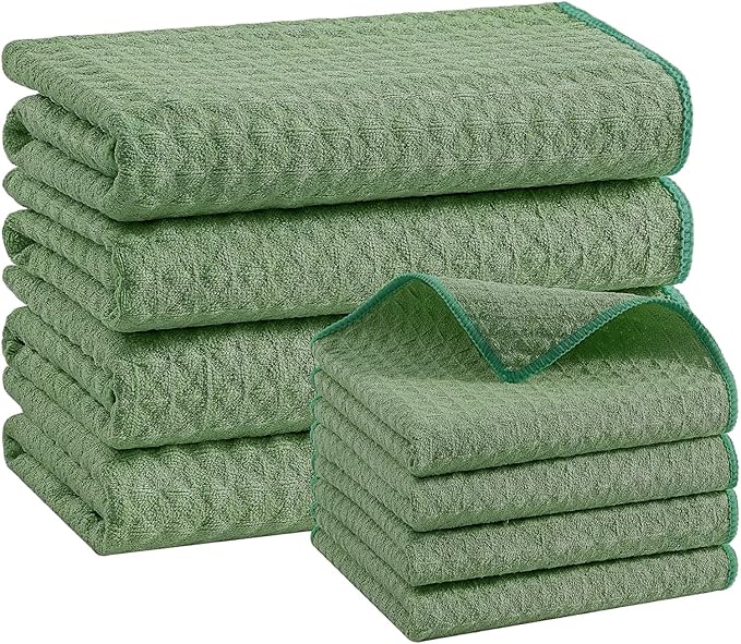 Homaxy Microfiber Waffle Weave Kitchen Towels Set, 16 x 28 Inch and 12 x 12 Inch Ultra Absorbent and Solid Color Dish Towels, 8 Pack, Grass Green