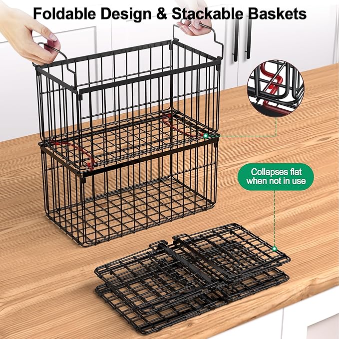 MSERCUOR Freezer Organizer Bins, 6 Pack Stackable Deep Chest Freezer Organizer Bins, Foldable Baskets with Handles, Black Storage Container Baskets for 5/ 7 Cu.FT Deep Freezer Sort Frozen Meats