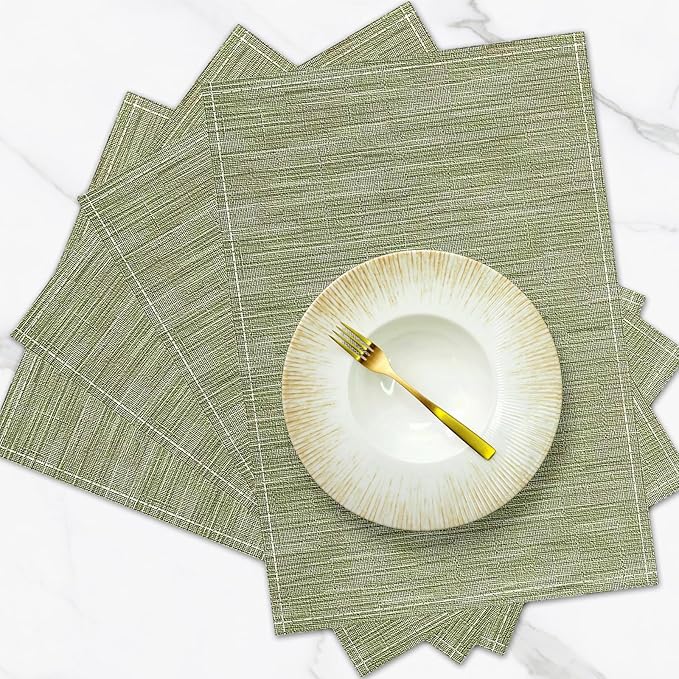 Green Placemats Set of 4, 12x18 Inch Heat-Resistant Washable Easy to Clean Place Mats, Faux Linen Cloth Table Mats Suitable for Indoor/Outdoor Parties & Kitchen Decor (Green)