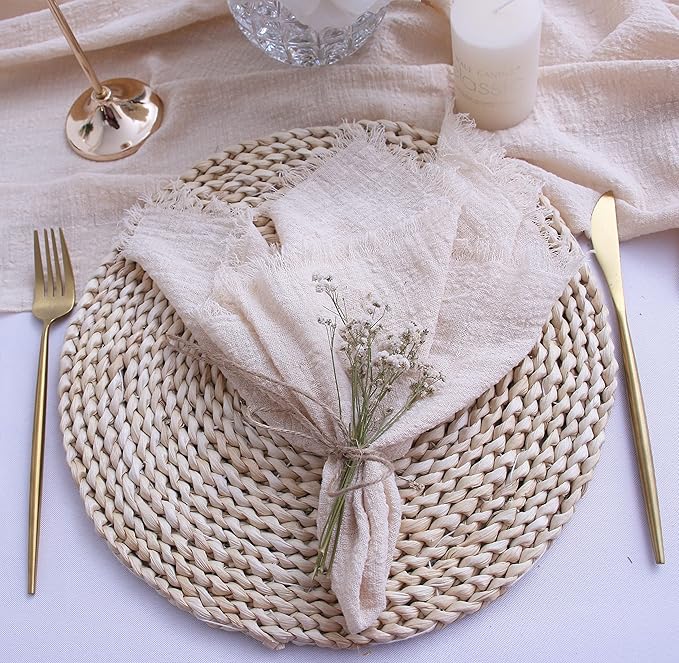 Cloth Napkins with Fringe Gauze Napkins Set of 6,100% Natural Soft Cotton,Washable Napkins Great for Weddings Decorative ,Dinner Parties,Family Everyday Use (6pack, Beige)
