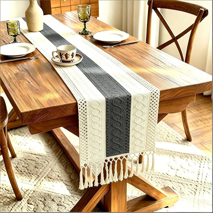 Boho Table Runner for Home Decor with Tassels 72 Inches Long , Farmhouse Rustic Grey Table Runners for Bohemian Kitchen Dining Table(12x72in)