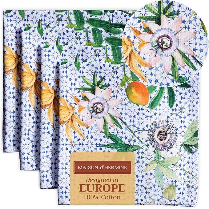 Maison d' Hermine Cloth Napkins Set of 4 100% Cotton Everyday Reusable Square Napkins Cloth Washable Dinner Party Wedding Restaurant Gifts for Mothers Day Spring/Summer (Passiflora, 20" x 20")