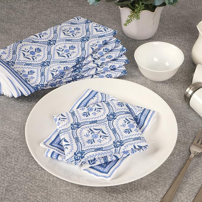 FINGERCRAFT Cloth Napkins, Set of 4 Cotton Linen Blend Printed Dinner Napkins Cloth Mitered Corner Perfect for Parties Dinners Weddings Cocktail Christmas Easter 20x20 Damask Blue