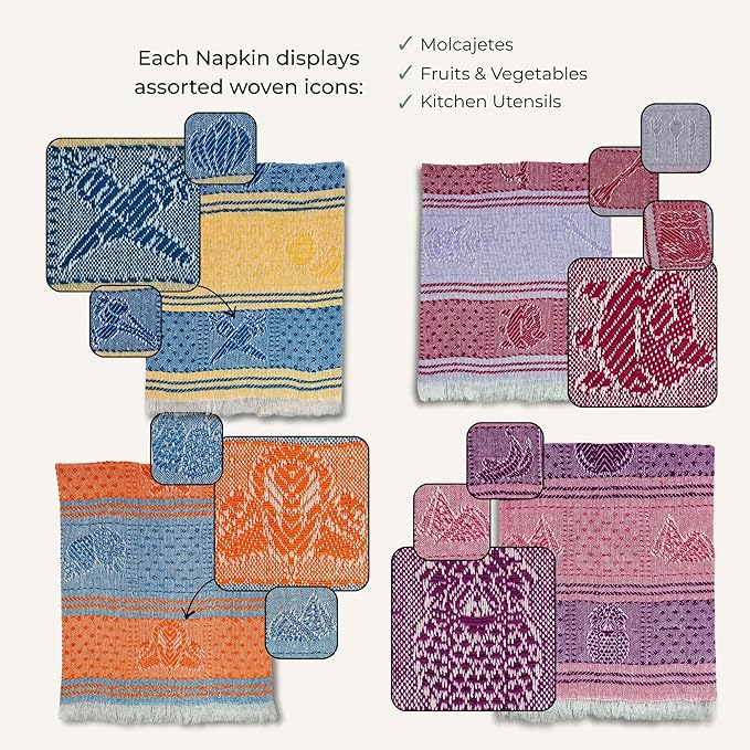 Jacq & Jürgen – Set of 6 Multicolor Cotton Cloth Napkins – 22"x18" – Dinner Table Linens or Tortilla Warmer Cloths - 100% Cotton - Premium materials (6MexicanKitchenMulticolor)