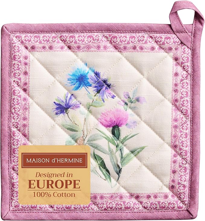 Maison d' Hermine Pot Holders 100% Cotton Heat Resistant Potholders 8" x 8" Hot Pads with Loop BBQ Cooking Baking Gifts for Mothers Day Handling Hot Pans Spring/Summer (Pack of 1, Chardon)