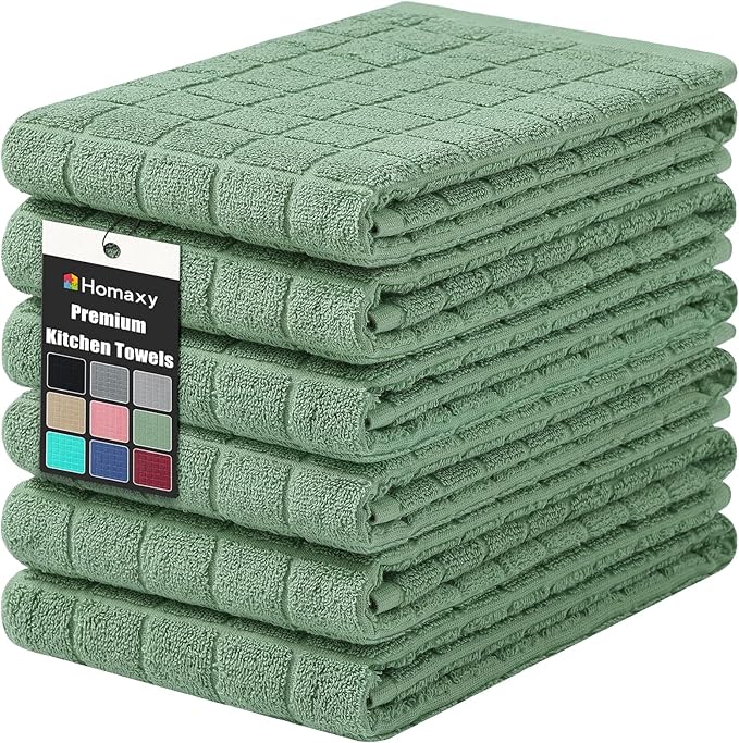 Homaxy Premium Cotton Kitchen Towels 16"x 28", Large Natural Ring Spun 390 GSM Dish Towels, Super Absorbent Terry Kitchen Hand Towels, Soft Tea Towels with Hanging Loop, Pure Grass Green, 6 Pack