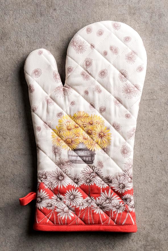 Maison d' Hermine Oven Gloves 100% Cotton Oven Mitt 7" x 13" with Loop Heat Resistant BBQ Cooking Gloves for Thanksgiving Christmas Decorations Baking Handling Hot Pans (Pack of 1, Bagatelle)