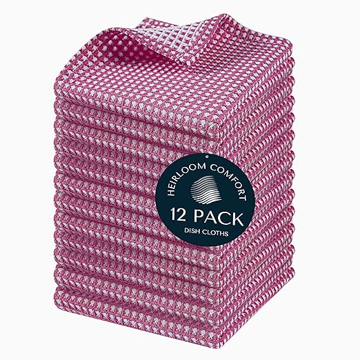 Dual Tone Waffle Weave Dish Cloth, 12 Pack, 100% Cotton, 12"x12", Super Absorbent, Fast Drying Reversible Dishcloth Set, Washcloth, Dish Rags, Soft for Cleaning, Durable, Burgundy