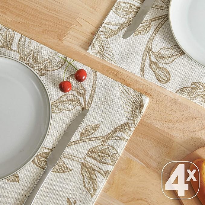 JINCHAN Linen Floral Placemats Set of Cloth Table Mats Rustic Cottagecore Botanical Outdoor Seasonal for Kitchen Dining Decor Heat Resistant Non-Slip Washable Tablemats 13x19 Inch Tan
