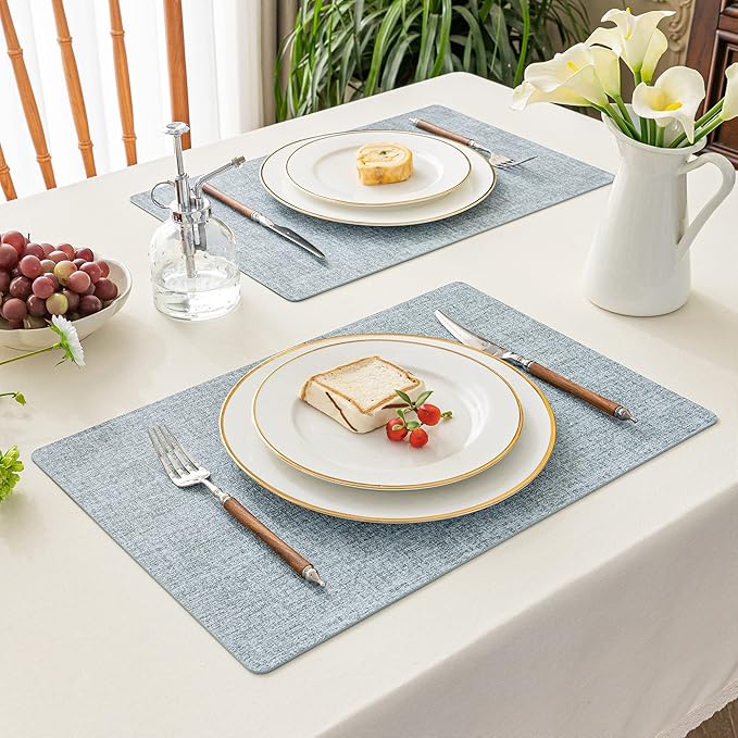 Romanstile Vinyl Placemats Set of 6-12 X 17 Inch - Faux Leather 100% Waterproof Oil-Proof Wipeable Place Mats, Heat Resistant Reversible PU Table Mats for Kitchen Dining Party Outdoor, Sky Blue