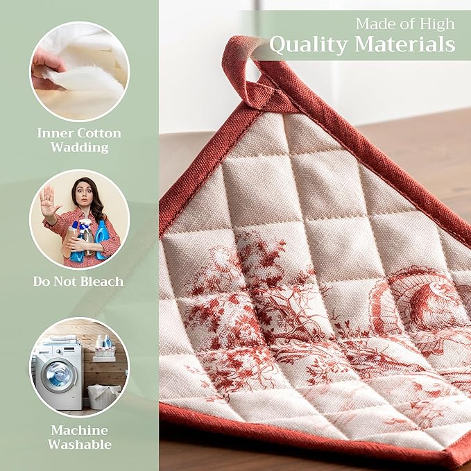 Maison d' Hermine Pot Holders Set 100% Cotton Heat Resistant Potholders 8" x 8" Hot Pads with Loop for Thanksgiving Christmas Decorations BBQ Baking Handling Hot Pans (Pack of 2, Holy Jouy - Red)