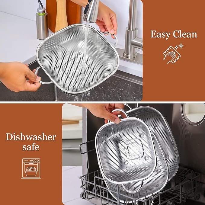 E-far 4QT Square Stainless Steel Colander - Metal Strainer with Handle for Draining Pasta & Vegetables, Micro-Perforated & Elevated Feet, Dishwasher Safe