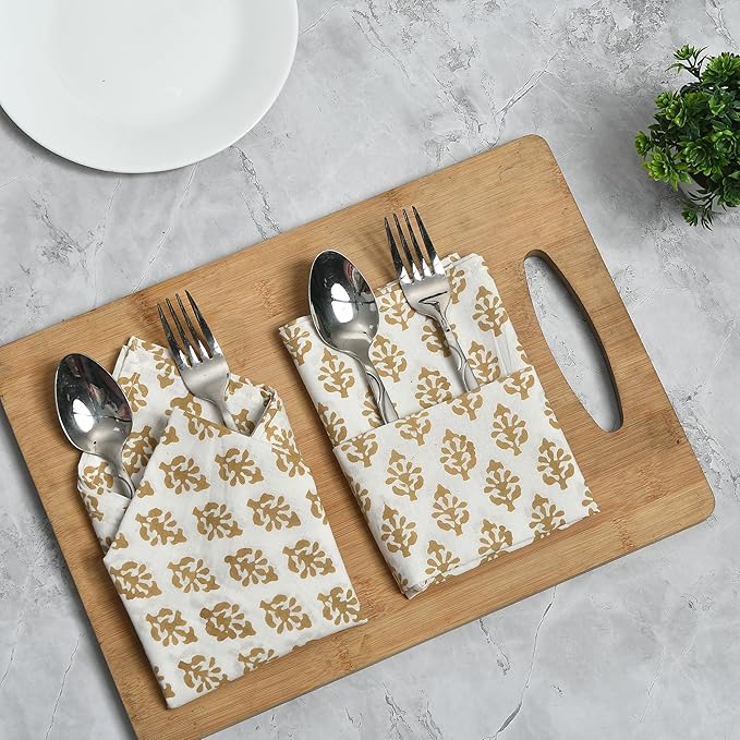CPC Cloth Napkins 100% Cotton Set of 4 Reusable Napkins, Indian Block Print Toile Floral Dinner Napkin, Fall Thanksgiving Christmas Holiday Party Gift - Soft Absorbent Napkin, 18"x18" Yellow Flower