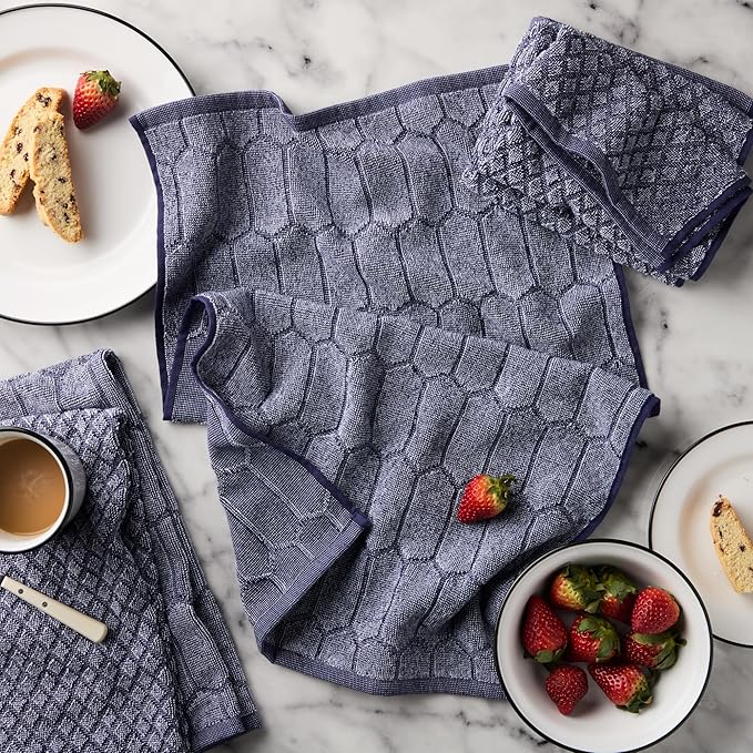Martha Stewart Honeycomb Chambray Textured Kitchen Towel 4-Pack Set, 100% Cotton with Absorbent Terrycloth, Decorative Kitchen Towels, Navy Blue, 16"x28"