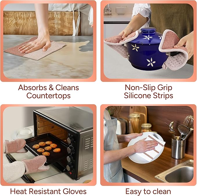 Casa Platino Potholders for Kitchens, 8-Piece – 500°F Heat Resistant Oven Mitts and Pot Holders, Mini Oven Mitt with Silicone Grip, 2 Kitchen Towels & 2 Dish Cloths – Durable & Non-Slip – Canyon Rose