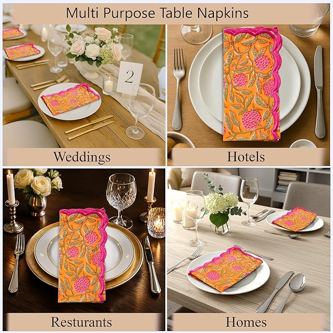 Ridhi Hand Block Print Bubblegum Pink 18" x 18" (Set of 4) Embroidery Table Napkins Reusable Cotton Dinner Napkins for Weddings, Parties, Everyday Dining Gift for Spring, Easter, Valentine