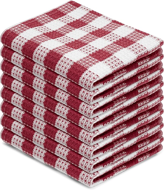 Blue Needles Set of 8 Waffle Weave Check Plaid Dish Cloths, 12x12 Inches 100% Cotton Dish Towels for Kitchen, Ultra Soft & Absorbent Kitchen Towels for Quick Drying Spring Summer - Burgundy & White