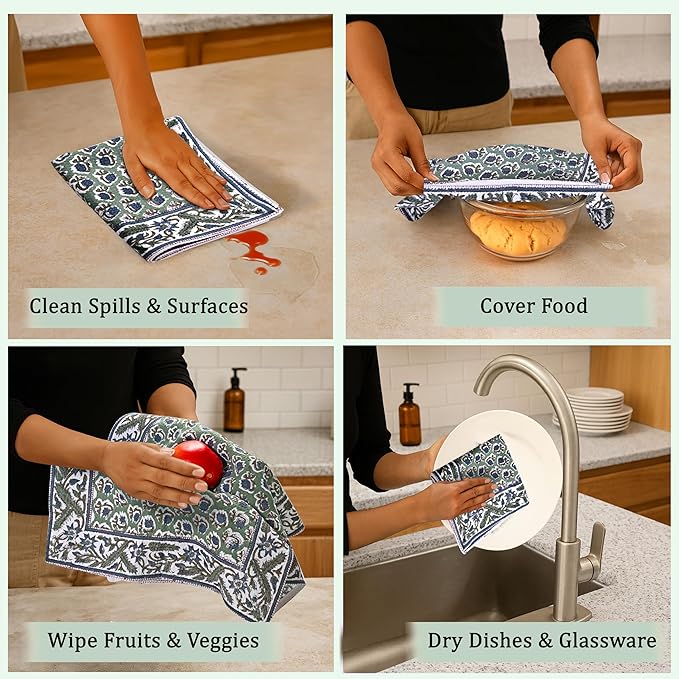 Ridhi Basil Green Hand Block Print Waffle Kitchen Towel Set of 3-16 x28 Ultra Absorbent Quick Dry 100% Cotton Dish Towels Lightweight Reusable Sustainable Tea Towels for Cleaning and Drying