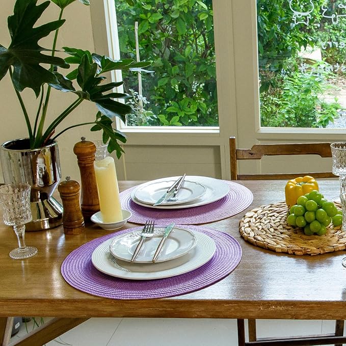 FunWheat Round Braided Placemats Set of 4 Table Mats for Dining Tables Woven Washable Non-Slip Place mats 15 inch(Lilac Purple,4pcs)