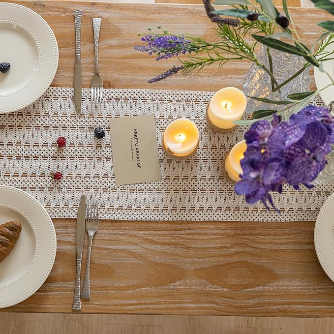 Keketoarrange Spring Boho Table Runner White for Home Decor 12x48 Inches Farmhouse Small Macrame Woven Burlap Jute Rustic Coffee Table Runner Dresser Scarf Dining Kitchen Centerpiece Bohemian Decor