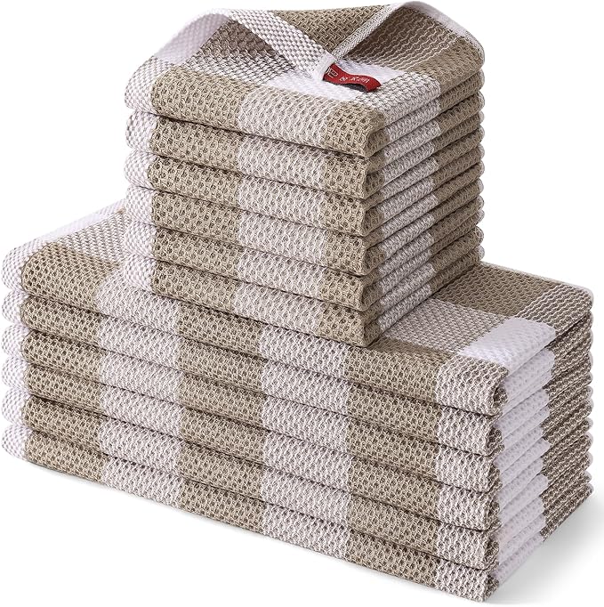 Homaxy Kitchen Towels and Dishcloths Set, 12 x 12 and 13 x 28 Inches, Set of 12 100% Cotton Waffle Weave Check Plaid Kitchen Dish Towels, Super Soft and Absorbent Dish Cloths, White & Khaki