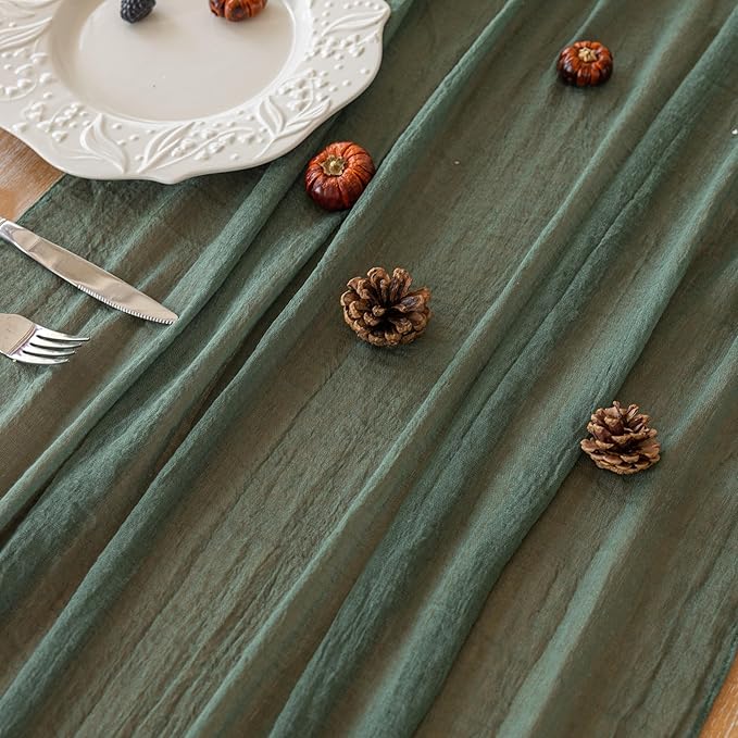 Keketoarrange 6Pcs Forest Green Gauze Rustic Cheesecloth Table Runner 120 Inch 10 FT for Wedding Baby Shower Bridal Shower Birthday Engagement Garden Outdoor Party Long Sheer Boho Decorations