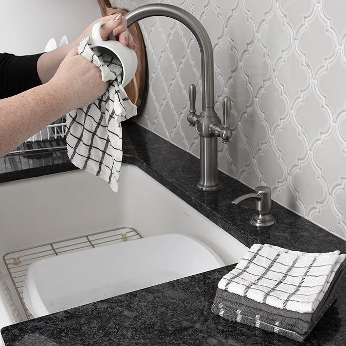 Ritz Terry Check Dish Cloth Set: Highly Absorbent & Super Soft - 100% Cotton, Durable Kitchen Cleaning Cloths for Wiping Tables and Counters, 6-Pack, Gray