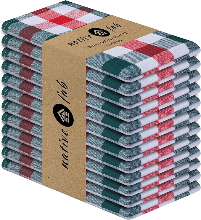 Native Fab Checked Cloth Napkins Set of 12-100% Cotton, 16x16 inch, Soft & Durable, Machine Washable, Reusable Dinner Napkins for Dining, Holiday, Party, Gingham Design - Red, White, Olive Green