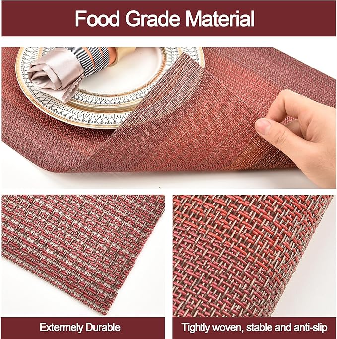 SLKQG Placemats Set of 8 - Easy Clean Washable Vinyl Placemats - Wipeable Heat Resistant Table Mats for Dining Table - 17.7x11.8 Inch (8, Red Gradient)