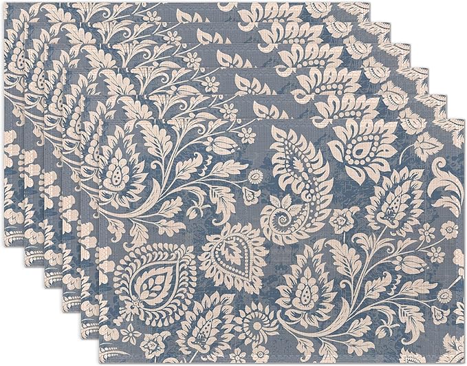 Boho Paisley Floral Placemats Set of 6 Washable Table Mats for Kitchen Dining Table,Heat-Resistant Place Mats for Indoor Outdoor Party Holiday Decoration