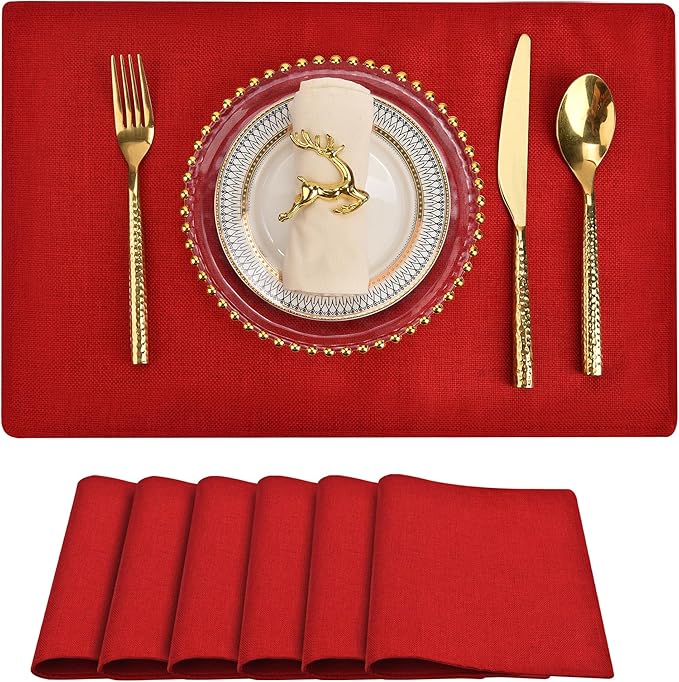 SLKQG Christmas Red Linen Fabric Placemats Set of 6, Heat Resistant & Machine Washable Double-Layered Cloth Placemats for Holiday Parties, Non-Slip Kitchen Table Mats (6, Bright Red)