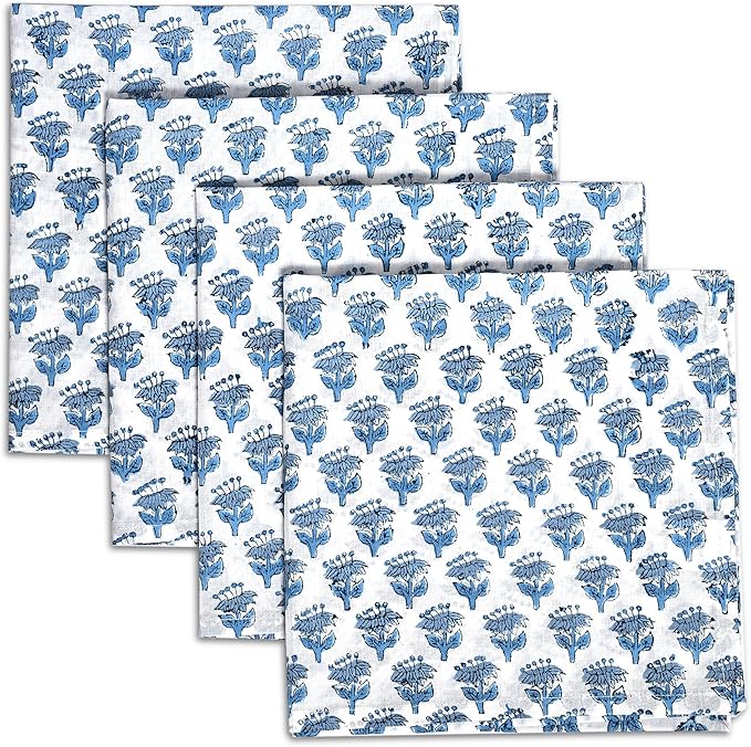 CPC Apatite Blue Indian Block Print Cotton Cloth Napkins Set of 4, 18x18 Reusable Everyday Napkins, Soft, Absorbent, Floral Dinner Napkin, Holiday, Party Gift, Spring,Mother's Day