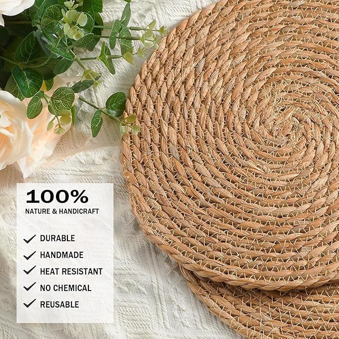 Handmade Heat Resistant 13.8" Round Woven Placemats Set of 6, Wicker Boho No Chemical Natural Water Hyacinth Place Mats, Farmhouse Table Mats for Kitchen Dining Table,Home Decorations,Wedding