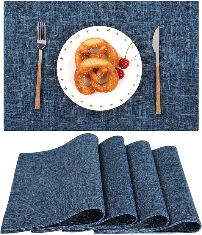 SHACOS Washable Cloth Placemats Set of 4 Double Layer Fabric Non Slip Heat Resistant Table Mats Linen Place Mats Stain Resistant Reversible Indoor Outdoor, Dark Blue