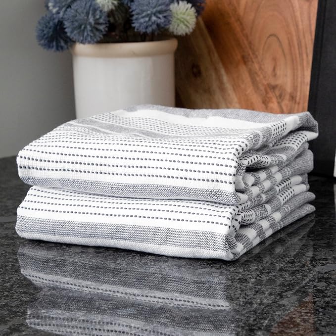 T-Fal Premium Dual-Sided Skipping Striped Kitchen Towels (2-Pack), 18" x 28", Highly Absorbent, Long-Lasting, Reversable 100% Flat-Weave Cotton Dish Towels, Hand Towels, Bar Towels, Graphite