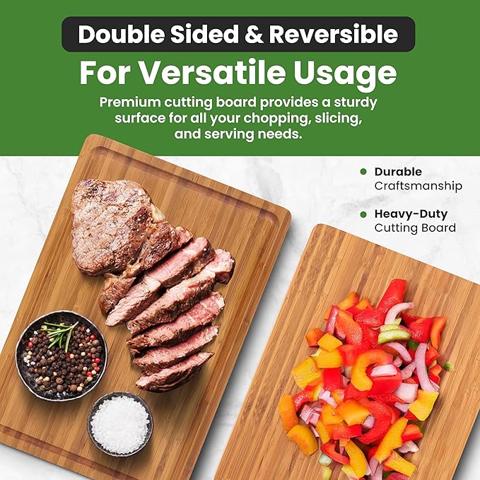 Bamboo Cutting Board for kitchen – .8" Thick Wood Chopping Board with Juice Groove and inner handle. Charcuterie & Butcher Block for Meat, Vegetables & Cheese, Brown (14"x10")
