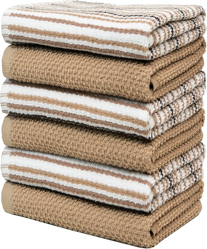 Kitchen Towels 16”x 26” - 6 Pack | Large Cotton Dish Towels | Popcorn Stripe Design | 430 GSM Highly Absorbent with Hanging Loop | Tan