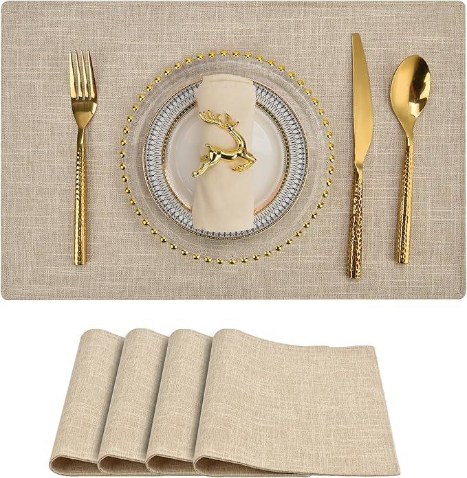 SLKQG Beige Linen Fabric Placemats Set of 4, Heat Resistant & Machine Washable Double-Layered Cloth Placemats for Dining Table, Indoor/Outdoor Use, Non-Slip Kitchen Table Mats (4, Beige Cream)