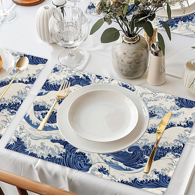 Ocean Wave Placemat Set of 6,Japanese Heat Resistant Linen Table Mats for Indoor Outdoor Home Kitchen Dining Room Table 12x18Inch