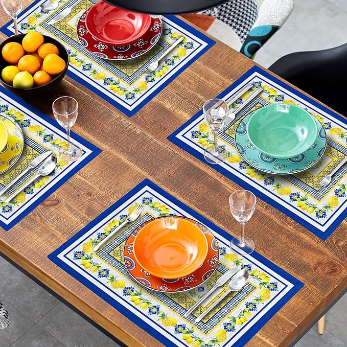 Lemon Summer Table Placemats for Dining 12 x 18 Inch Set of 4，Blue Yellow Boho Heat-Resistant Washable Table Non-Slip Rectangle Place Mat for Seasonal Party Kitchen Dining Table Decor